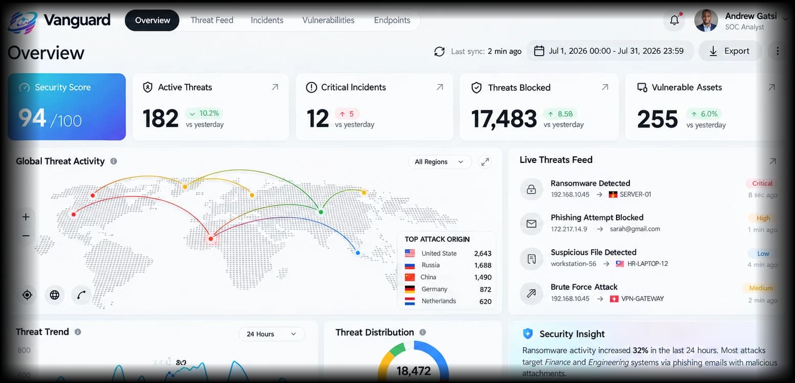 Vanguard security operations dashboard showing the security score, active threats, critical incidents and global threat activity for a Namibian organisation monitored from the Windhoek SOC